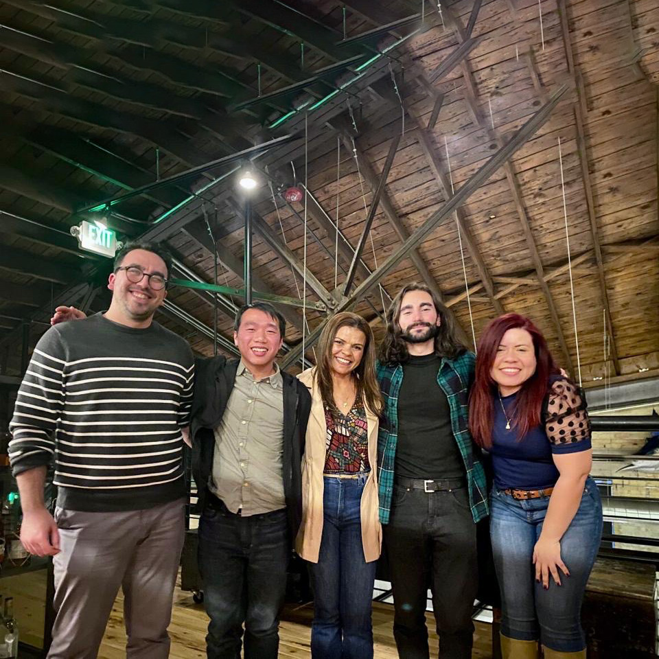 The Corpus Team at the 2023 L2TReC Christmas Party (from left to right Matteo Fiorini, Tyler Tsui, Amanda Hoffmann, Miguel Hernandez Alonso, and Marcela Lopes)