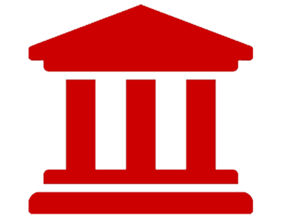 Red icon shaped like building with columns
