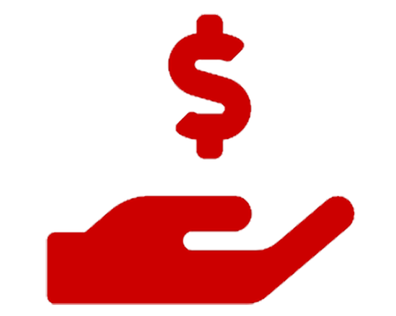 Red icon shaped like a hand with a dollar sign floating above