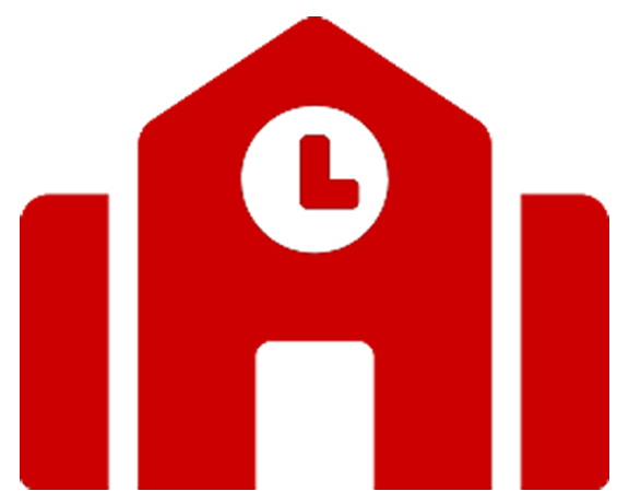 Red icon shaped like a simple building with a clock tower